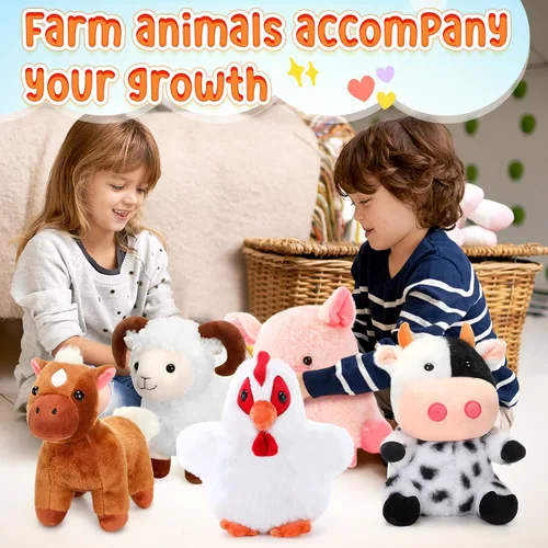 Vista 7 de Skylety Juego de 5 animales de peluche de granja de 10 pulgadas, animales de peluche de granja suave, cerdo gallo, caballo, oveja, vaca, juguete