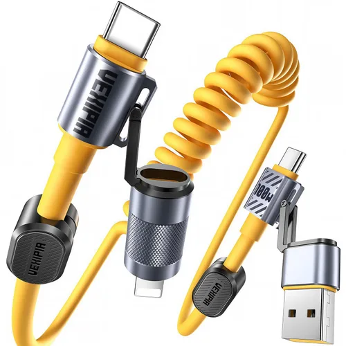 Vista 9 de Cable USB C en espiral 4 en 1 para automóvil de 5 pies [carga rápida de 60 W] compatible con cable Lightning [CarPlay y Android Auto] Combo de cable