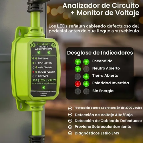 Vista 2 de GEARit Protector contra sobretensiones RV de 30 amperios con analizador