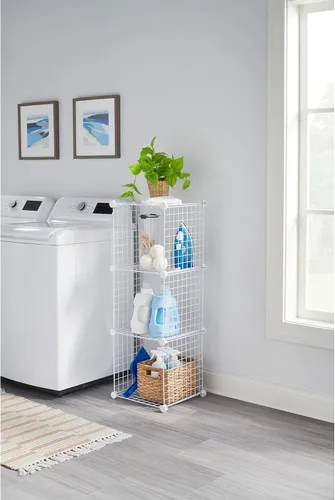 Vista 5 de Rubbermaid Juego de 3 cubos apilables de alambre de almacenamiento, fácil de montar, color blanco para armario/estantería/juguetes, organizador