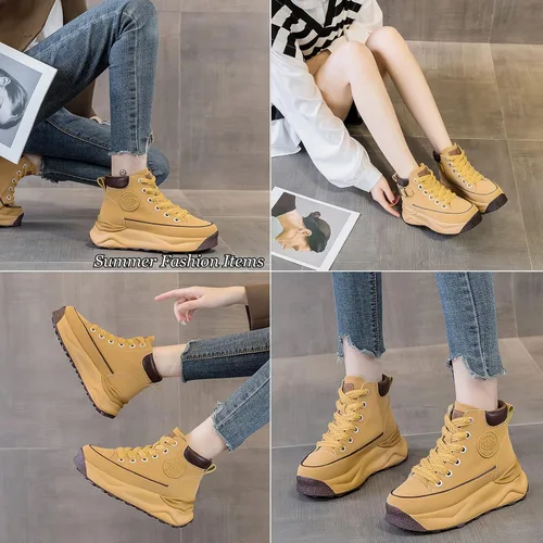 Vista 6 de SOLPNOW Botines de piel auténtica con plataforma de forro polar para mujer, con cordones, transpirables, antideslizantes, a la moda, pequeños
