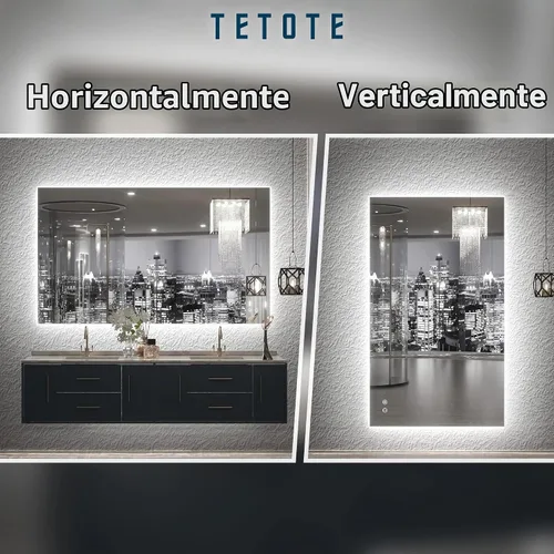 Vista 8 de TETOTE - Espejo retroiluminado para baño con luz, botón táctil regulable y función antivaho (horizontal o vertical)
