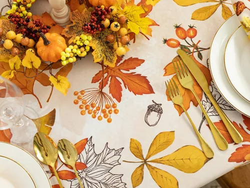 Vista 7 de YiHomer Colección de mesa de Acción de Gracias de otoño para decoración de cocina, comedor, fiestas, cosecha, hojas de otoño, mantel, rectangular