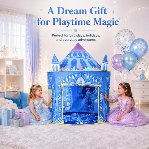 Vista 4 de Amplov Tienda de campaña desplegable de princesa, juguetes de Frozen para niñas, grande de 53" x 41" pulgadas, casa de juegos castillo de hielo