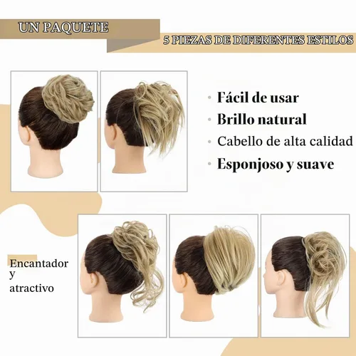 Vista 2 de HMD 5 piezas de moño despeinado para mujer, extensión de cabello con banda de goma elástica, extensión de cabello largo y desordenado, accesorios