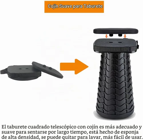 Vista 5 de Taburete plegable para acampar con cojín de asiento y bolsa de nailon, taburete telescópico portátil cuadrado, taburete plegable ligero y resistente