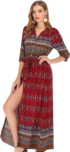 Vista 2 de R.Vivimos - Vestido bohemio a media pierna de verano para mujer con estampado floral, botones, tirantes delgados, cuello en V