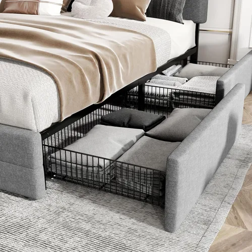 Vista 8 de HOOMIC Base de cama de plataforma tamaño King con 4 cajones de almacenamiento, cabecera ajustable con diseño de botones cosidos cuadrados, listones