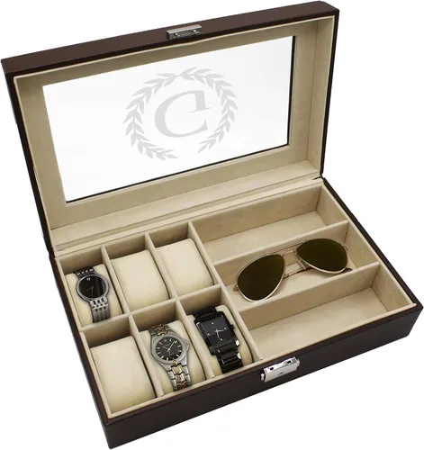 Vista 3 de The Wedding Party Store Caja personalizada para relojes y lentes de sol, estuche organizador de relojes y lentes grabado personalizado (marrón)