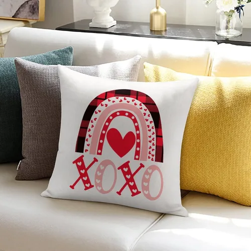 Vista 2 de XOXO - Funda de cojín de lino para sala de estar, dormitorio, decoración de corazón arcoíris con cremallera, 16 x 16 pulgadas, divertida funda