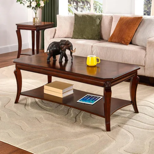 Vista 8 de Mesa auxiliar tradicional con estante de almacenamiento y patas talladas, mesas de sala de estar de granja, mesa central rectangular de madera
