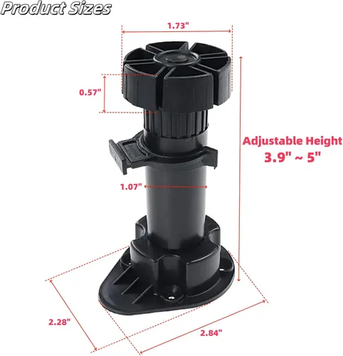 Vista 2 de Niveladores ajustables de 3.9 a 5 pulgadas para borde de gabinete, 12 piezas, patas niveladoras de muebles, pies de nivelación de plástico negro