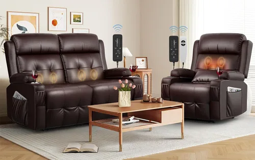 Vista 25 de Sofá reclinable manual de dos plazas, sofá reclinable de pared con masaje, puertos USB y tipo C, almacenamiento, portavasos, sofá RV para sala