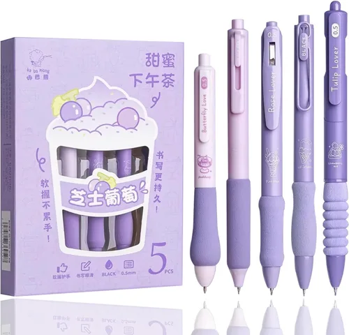 Vista 7 de LSLSHY Lindos bolígrafos de gel, 5 piezas, bolígrafos retráctiles de tinta de secado rápido, punta fina de 0.5mm, tinta negra, bolígrafos Kawaii