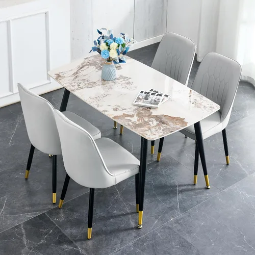Vista 25 de Juego de 5 mesas de comedor modernas de piedra sinterizada de 50 pulgadas, mesa de cocina rectangular de mármol sintético con 4 sillas de piel
