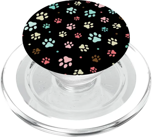 Vista 8 de Patrón colorido lindo de la huella de la pata sobre fondo negro PopSockets estándar PopGrip