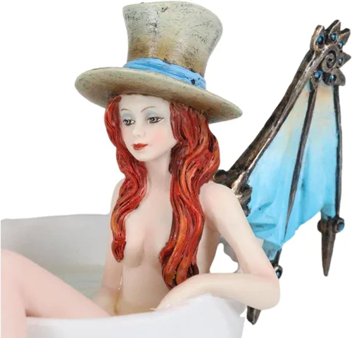 Vista 5 de Ebros Gift Amy Brown - Taza de té Steampunk cerrajero portador de llaves con alas de dragón mecánicas y sombrero de copa en baño de té cálido