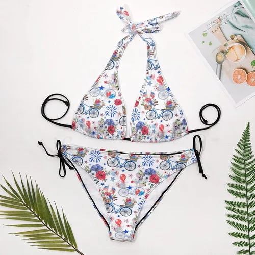 Vista 7 de Traje de baño de dos piezas patriótico festivo para mujer, traje de baño sexy, traje de baño halter, conjuntos de bikini triangulares de cuerda