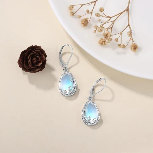 Vista 3 de Aretes de plata de ley 925 con diseño de gato, árbol de la vida, piedra lunar, lágrima, filigrana, colgantes, para mujeres y niñas
