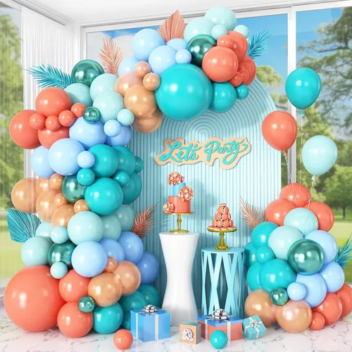 Vista 10 de Kit de guirnalda de arco de globos bajo el mar con globos de papel de aluminio de estrella azul polvoriento, verde pastel, arena y blanco