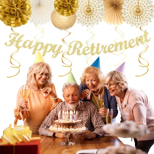 Vista 4 de Beige-Gold Happy Retirement Party Decorations Banner Women Men Huglony 21pcs Retiree Farewell Banner,Streamers,Paper Lanterns,Pom Poms Fans,Work