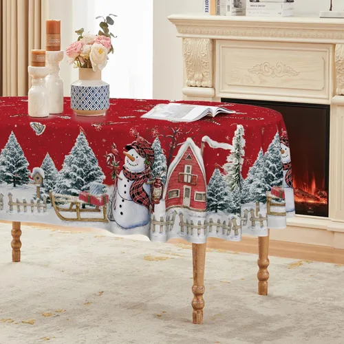 Vista 9 de Horaldaily Mantel de Navidad rectangular de 52 x 70 pulgadas, casa de muñeco de nieve de invierno, árboles de Navidad, color negro, lavable