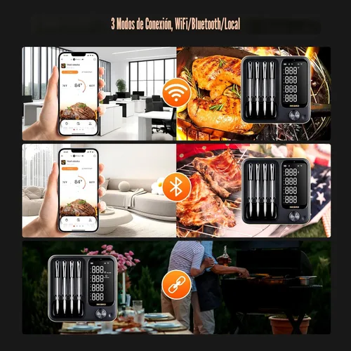 Vista 2 de Termómetro inalámbrico para carne con 4 sondas WiFi con base independiente de pantalla LCD legible en 360°, WiFi y Bluetooth 5.3 de alcance