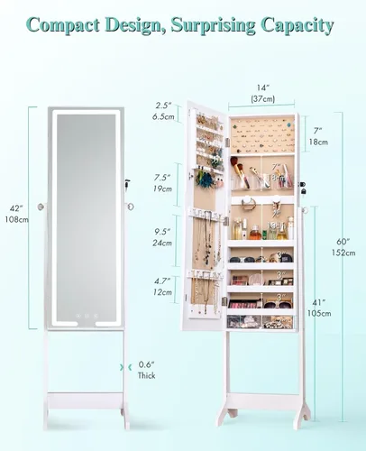 Vista 7 de LUXFURNI - Espejo de pie LED con cerradura con almacenamiento, armario de Blanco paloma