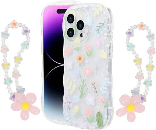 Vista 2 de Funda transparente compatible con iPhone 14 Pro, marco ondulado rizado, forma de encaje floral, TPU delgada, protección de cámara, funda