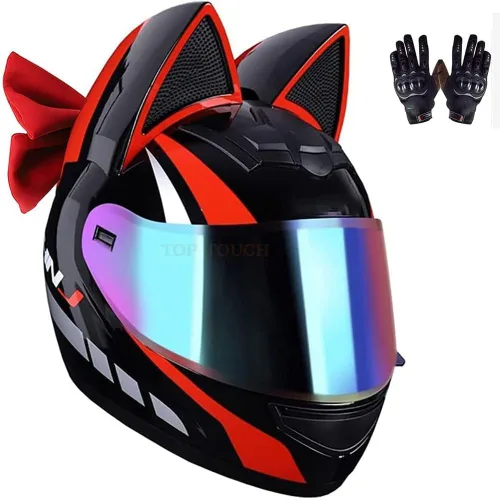 Vista 5 de Casco de motocicleta de moda con bonitas orejas de gato, elegante pajarita para mujer, casco personalizado cómodo de cara completa, transpirable 2