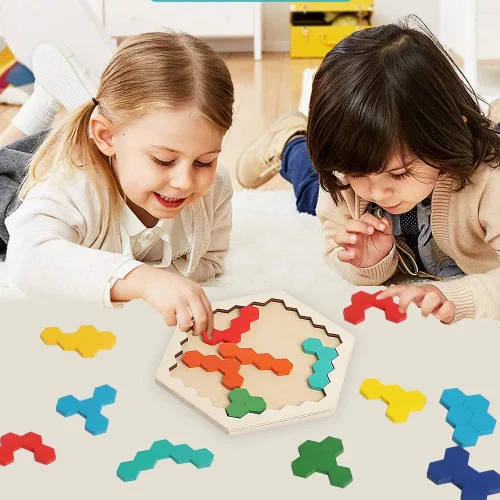 Vista 6 de Rompecabezas de bloques de madera para niños y adultos, rompecabezas de hexágono, juegos de rompecabezas de madera, juguete de forma