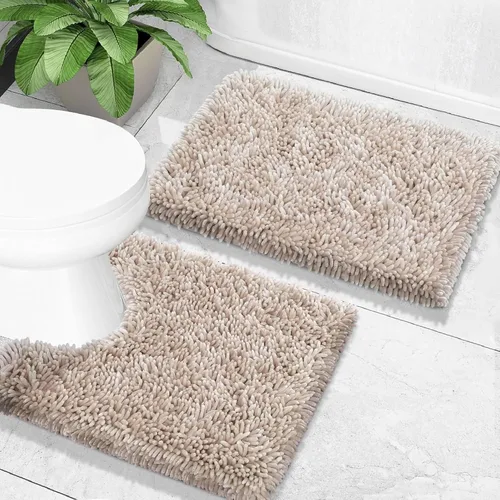 Vista 31 de Yimobra Juego de 2 alfombras de baño, alfombra de baño suave y absorbente y alfombra de inodoro en forma de U con respaldo antideslizante, alfombras