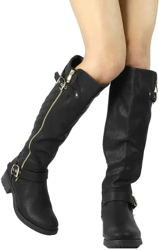 Vista 8 de DREAM PAIRS - Botas altas hasta la rodilla de pantorrilla ancha para mujer, botas tipo equitación con tacón bajo apilado