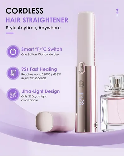Vista 2 de Plancha de pelo inalámbrica, plancha plana con revestimiento de Rosa