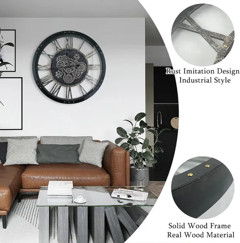 Vista 3 de Reloj de Pared de 24 Pulgadas con Engranajes en Movimiento, Relojes de Pared Grandes, Reloj para Decoración de Sala de Estar, Marco de Madera