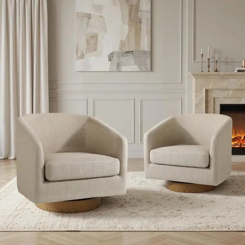 Vista 12 de Silla Giratoria de Acento de Cuero Sintético con Base de Madera, Sillas de Barril Tapizadas Modernas para Sala de Estar, Cómodo Sillón Redondo Sofá