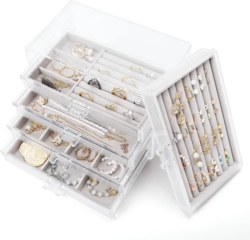Vista 8 de coobest Joyero, organizador de joyas de 5 cajones, cajas de joyería y organizadores con organizador de aretes, caja organizadora de joyas