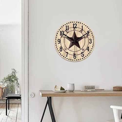 Vista 5 de Reloj de pared clásico de estilo rústico con estrella de Texas occidental, reloj analógico de madera silencioso sin tictac, funciona