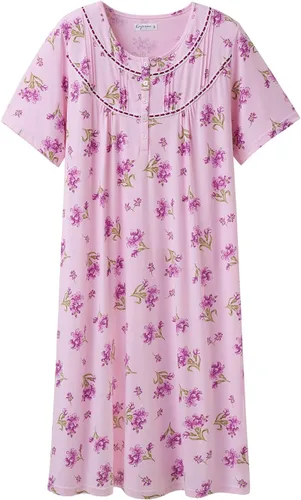 Vista 26 de Keyocean - Camisones para mujer, 100% algodón, suave, cómodo, ligero, manga corta, vestido de noche para damas Azul Floral en Crema