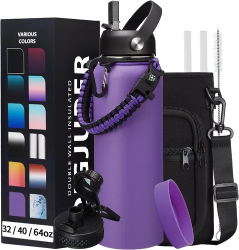 Vista 30 de Botella de agua aislada de 1 galón, con popote y tapa de pico automático, mango de paracord, funda para botella, botella de agua de acero inoxidable