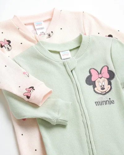 Vista 2 de Disney Mameluco de Minnie Mouse para bebé niña, paquete de 2 mamelucos con pies (0-9 meses)