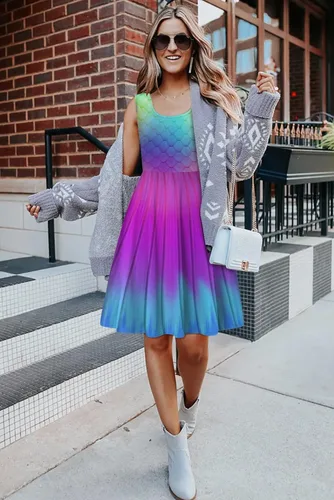 Vista 3 de uideazone - Vestido de mujer sin mangas cuello redondo de verano para playa casual Midi línea A