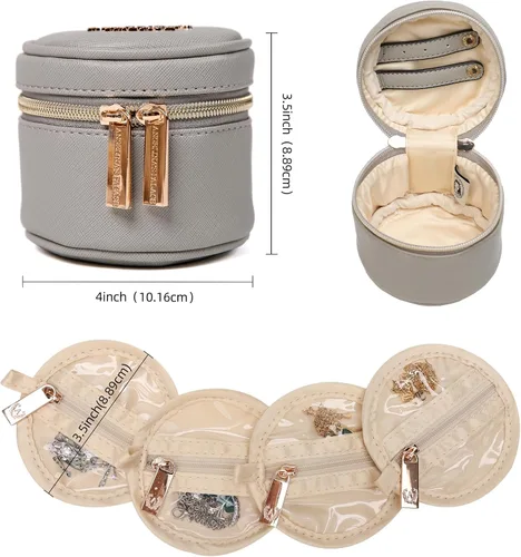 Vista 2 de Angelina's Palace Estuche organizador de joyas redondo, bolsa de viaje, regalos de dama de honor, caja de cuero vegano para collar, aretes, pulsera