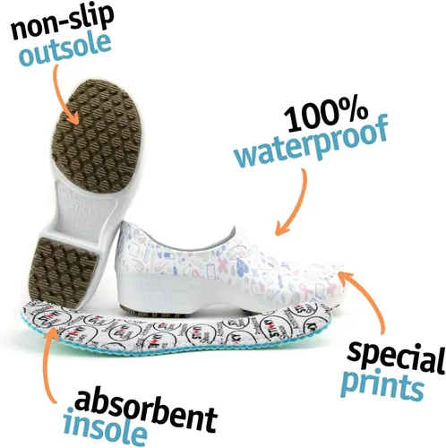 Vista 6 de Sticky Zapatos de enfermería coloridos estampados - Zapatos profesionales para mujer - Enfermeras veterinarias CNA LPN RN - Impermeable