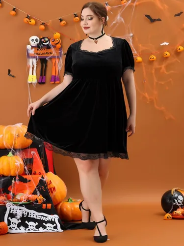 Vista 3 de Agnes Orinda Vestido de talla grande para mujer, con ribete de encaje de terciopelo, acampanado, manga corta, elegante, vestido de fiesta de cóctel