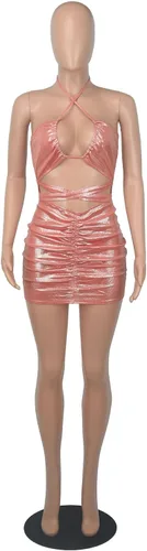 Vista 6 de GEMEIQ Vestido de fiesta con cuello halter y con cordones para mujer, vestido de fiesta fruncido con espalda cruzada y espalda descubierta, Hot