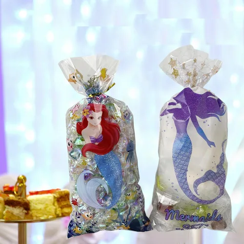 Vista 2 de 50 bolsas de celofán para dulces de sirena, bolsas transparentes para celofán, bolsas de dulces de galletas con lazos giratorios para cumpleaños