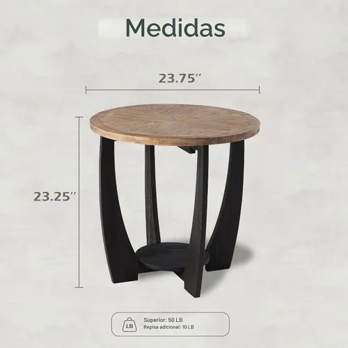 Vista 2 de COZAYH - Mesa auxiliar y auxiliar rústica, redonda con almacenamiento Solid And Manufactured Wood, 23.75 in W, 23.25 in H, 50 lb Capacity