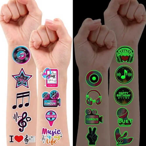 Vista 2 de 96 piezas de notas musicales que brillan en la oscuridad precortados tatuajes temporales para niños Luminous Musical Themed Birthday Party