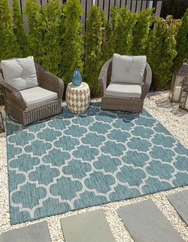 Vista 68 de Unique Loom Outdoor Trellis Collection Alfombra de Área (5' 1" x 8' Oval, Aguamarina/Gris)